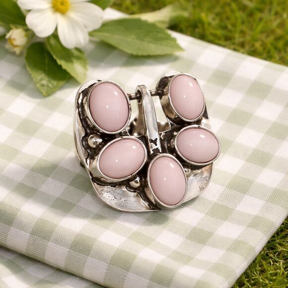 Pink Opal Statement Ring - .925 Sterling Silver Ring - Soft  Pink Opal Belt Buckle Sterling Silver .925 Ring Size 8 Boho Southwestern